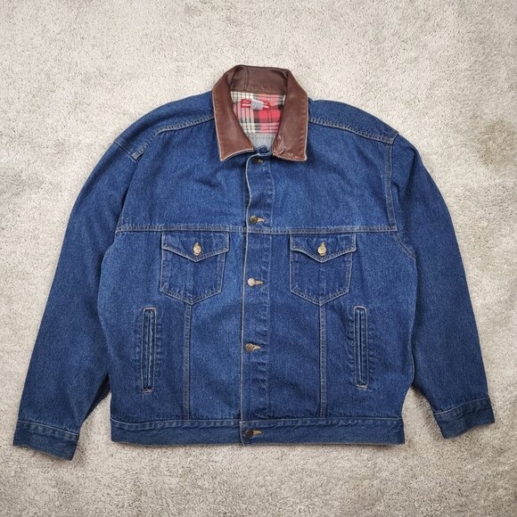 Marlboro Store Denim Trucker Jacket Brown Leather Collar Size XL Vintage VTG Y2K - Picture 2 of 8
